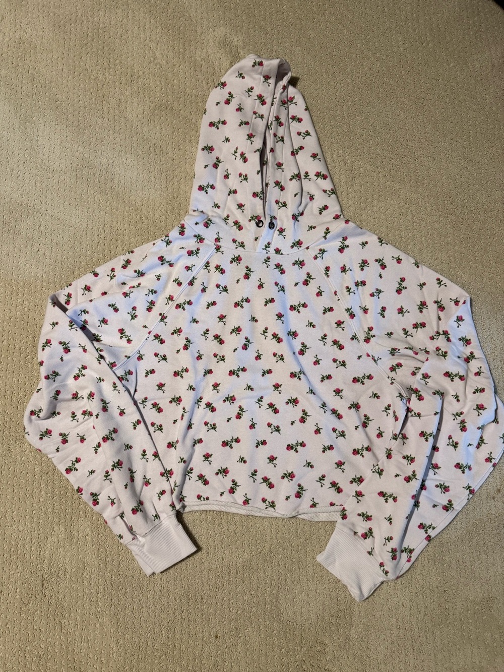 Beach Riot White Cropped Hoodie with Pink Floral Print - Picture 1 of 2